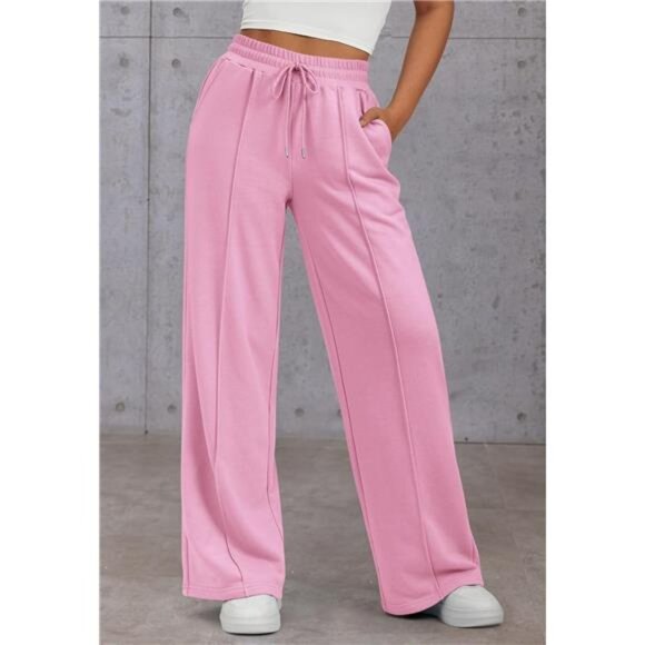 Womens Wide Leg Sweatpants High Waisted Pink - Picture 3 of 6